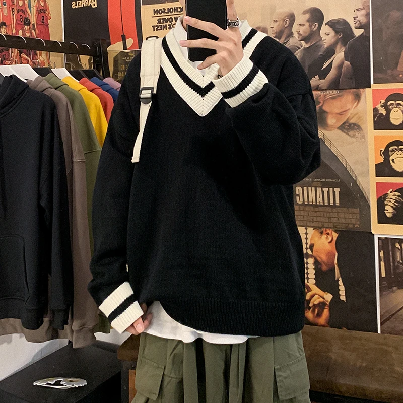 2021 Men Fashion Pullover In Warm Cashmere Knitting Long Sleeve Knit V-neck Loose Coats Casual Black/White Woolen Sweater M-2XL