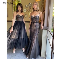 verngo 2021 hot sale black a line short prom dresses spaghetti straps dotted tulle boning fitted tea length evening party gowns