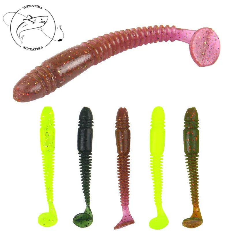 5Pcs/lot 7.5cm 3.1g Spiral Stripe T Tail Soft Bait Fishing Lure With Bass Hook For Sea River Fishing Tackle Smell Baits Pesca