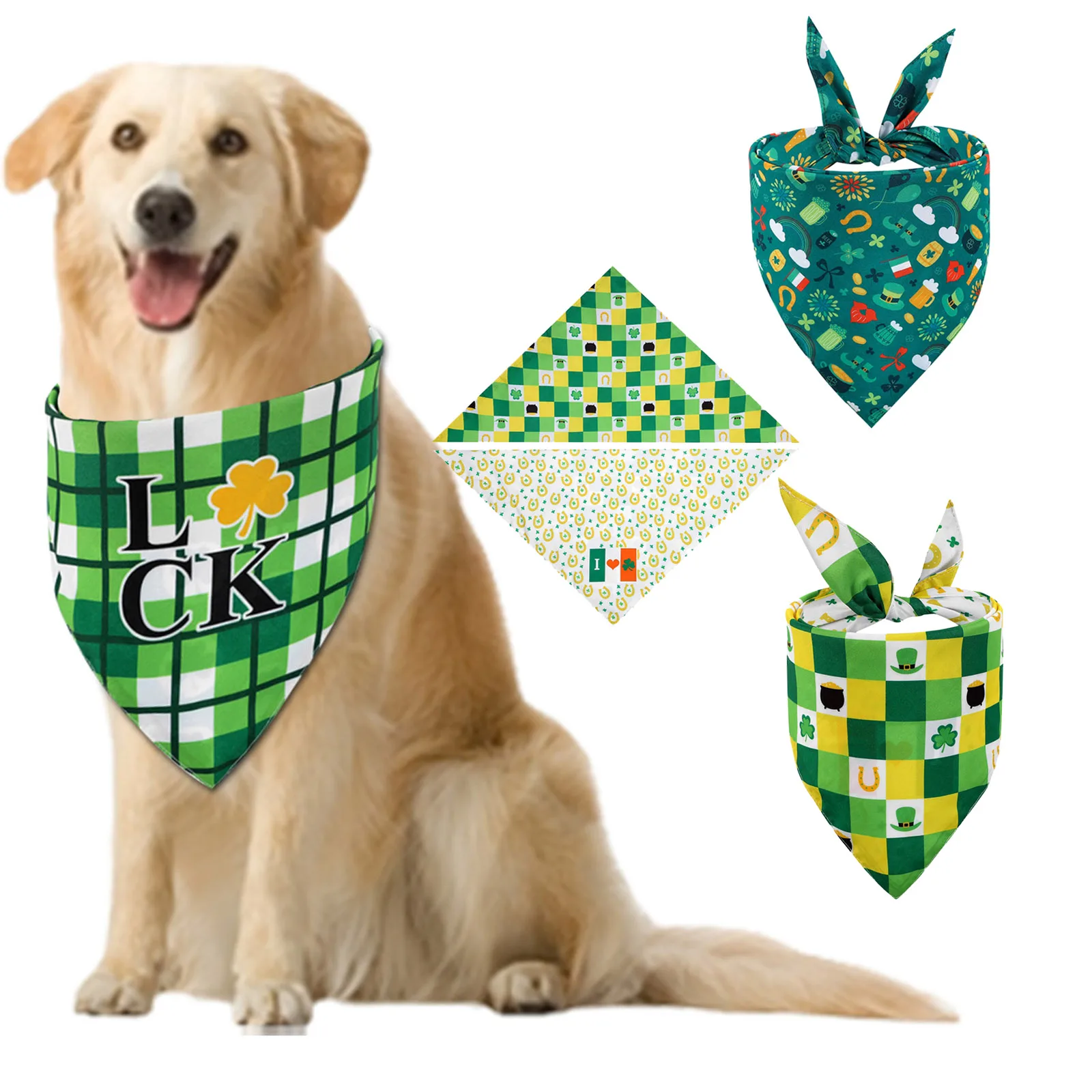 

St. Patrick's Day Puppy Shamrock Bandana Triangle Scarf Bowtie Pet Dog Triangular Bandage Lucky Clover Top Hat Bib Saliva Towel