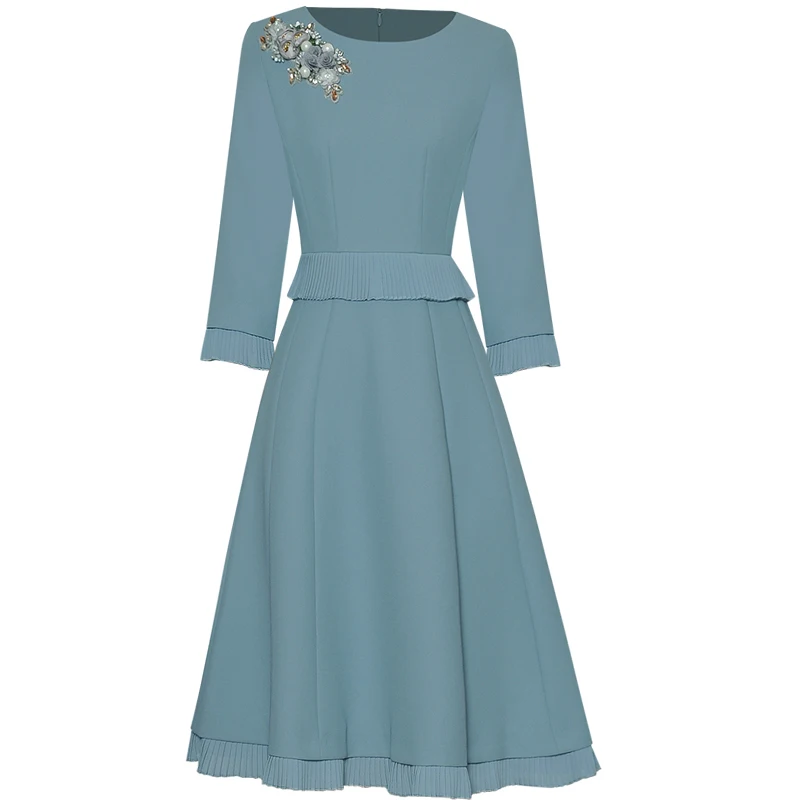 

Runway Spring Autumn New High Quality Women Office Party Casual Elegant Vintage Chic Diamond Flower Fashion Designer Midi Dress