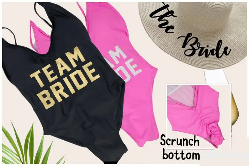 

Bachelorette Deep-V Swimsuits Sexy TEAM BRIDE Bikini Bridesmaids Squad Tribe Swimwear One Piece Removable Cups Bathing Suit 2021