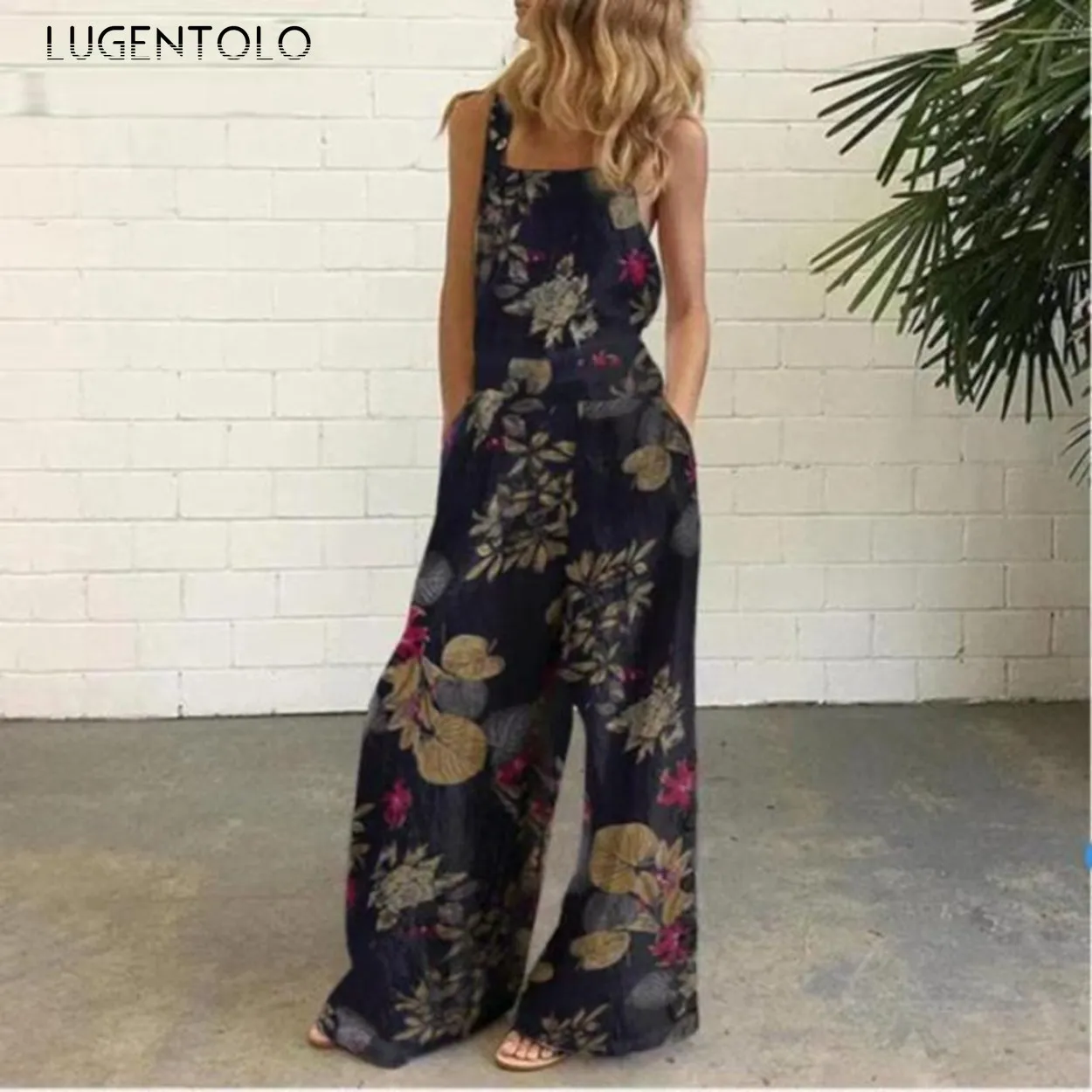 

Women Summer Jumpsuit Overalls Loose Sleeveless Print Pocket Female Casual Thin Large Size Long Jumpsuits