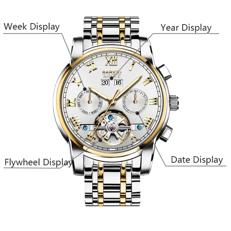 BAIOU Мужские автоматические наручные часы Tourbillon Скелет из нержавеющей стали
