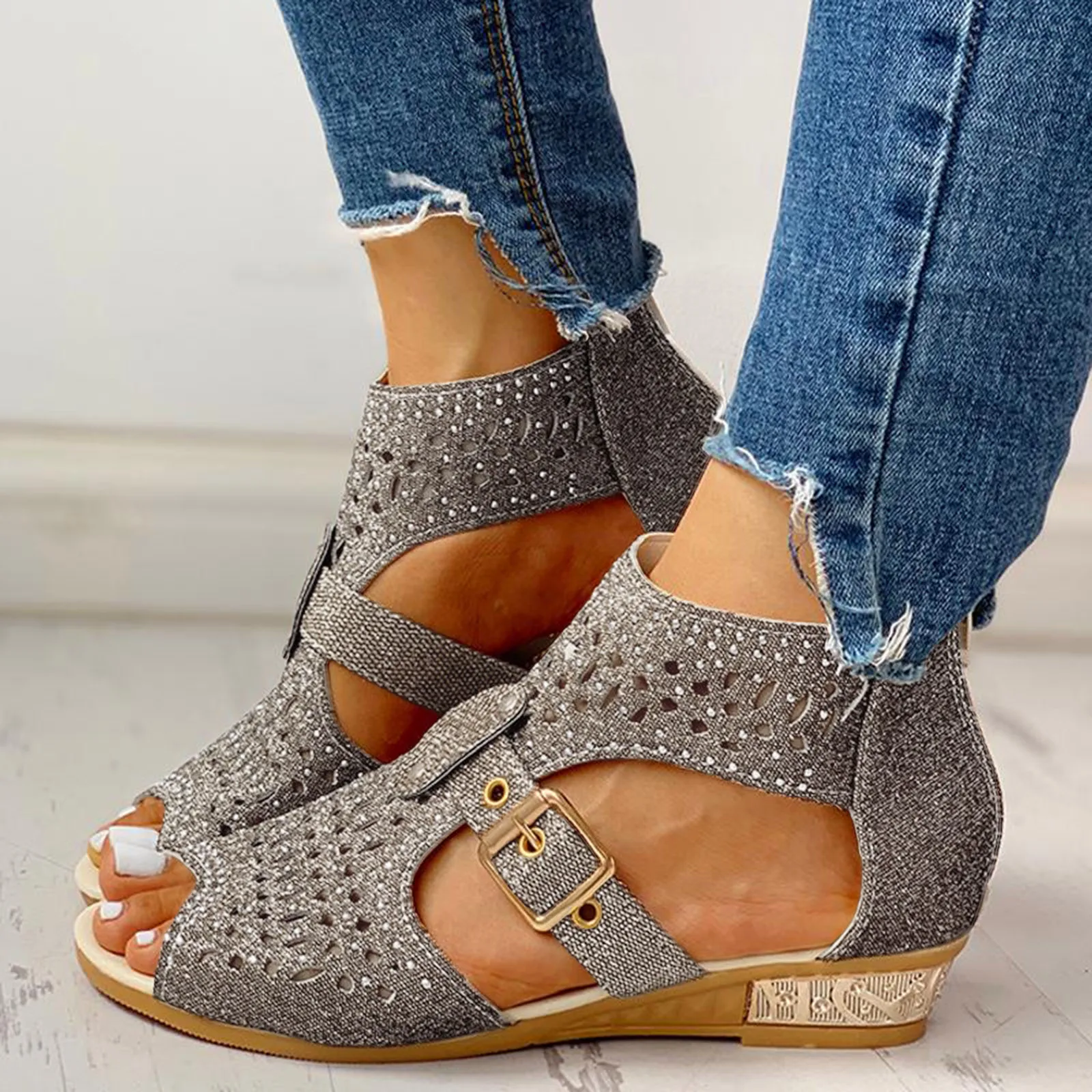 Женские Модные Винтажные открытые Сандалии на молнии с кристаллами винтажные
