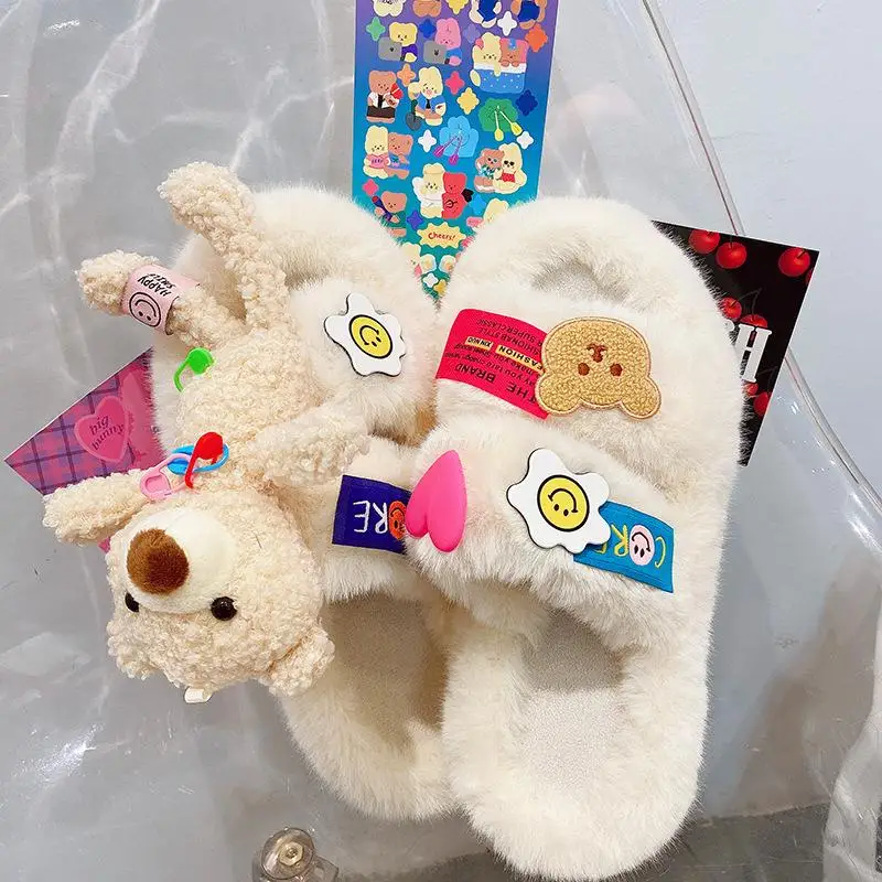 

2022 New Women Bear Plush Shoes Cartoon Cute Bear House Slipper Winter Warm Furry Faux Fur Slippers Woman Furry Outdoor Shoes