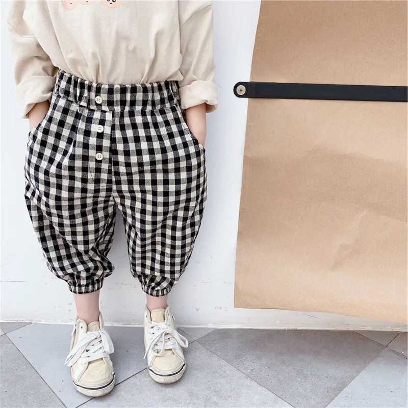 

Summer Spring Baby Girls Casual Plaid Trousers Korean Style 2022 Kids Cotton Anti-mosquito Pants Ninth Pants