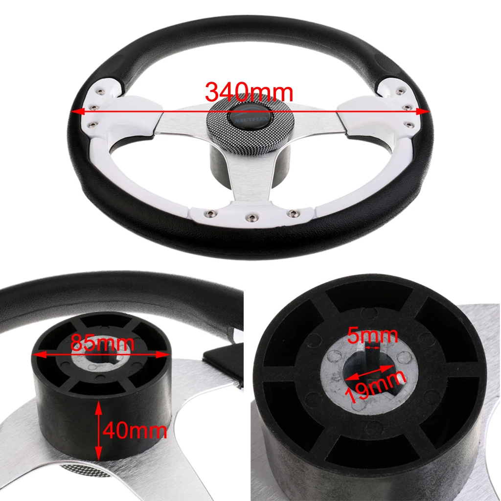 3 Spoke Boat Steering Wheel 13.5inch/340mm Dia with Center Cap Aluminum Alloy White Black | Marine Propeller