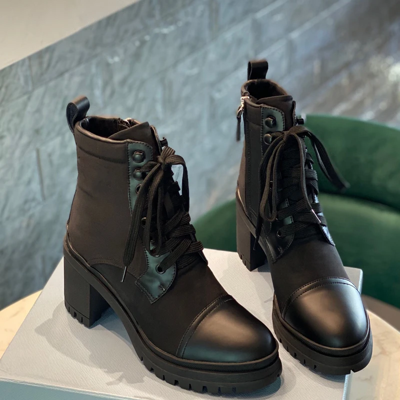 

2021 Genuine Leather Boots Women Fashion Lace Up Ankle Brand Boots For Female High Heels Shoes Round Toe Winter Shoes