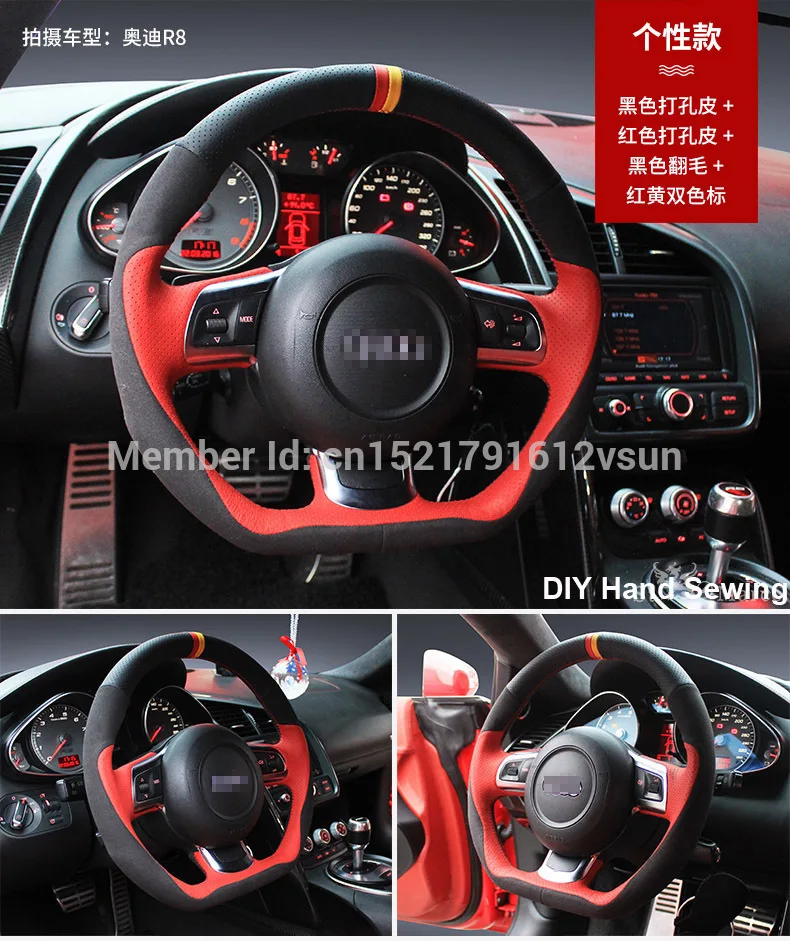 Чехол на руль для Audi R8 прошитый вручную нескользящий красный черный кожаный