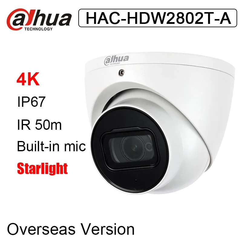 Dahua HAC HDW2802T A 4K Starlight HDCVI IR Dome CCTV Camera 8MP 50m Встроенный микрофон аналоговая