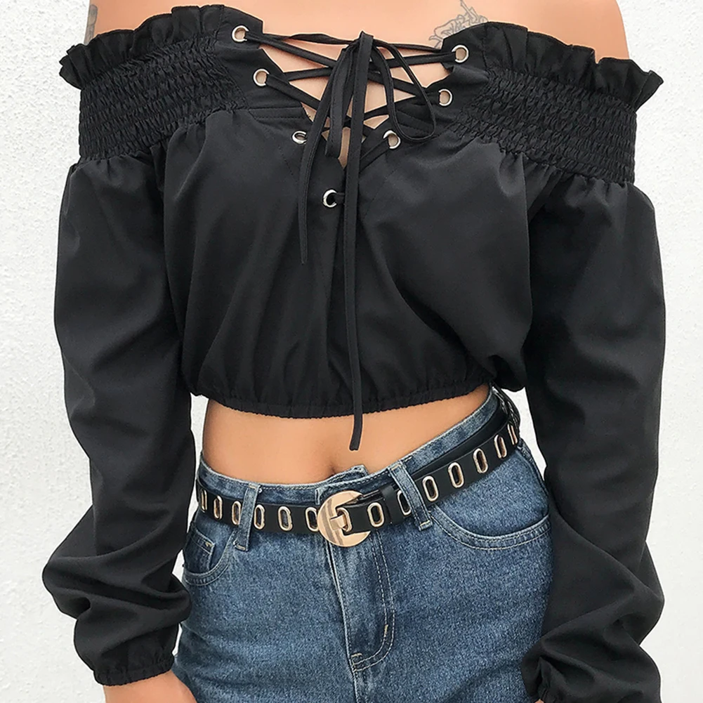 Модные черные свободные повседневные укороченные топы с одним воротником