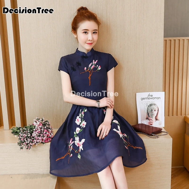 2021 китайское платье с коротким рукавом восточное Ципао цветочной вышивкой