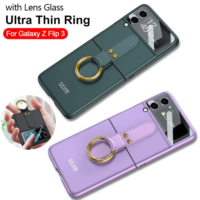 

Z Flip 3 Case Finger Ring Matte Cover for Samsung Galaxy Z Flip 3 5G Case Hard Plastic with Back Camera Lens Tempered Glass