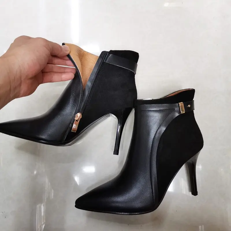 leather insole black EGONERY/ботинки из коровьей кожи; коллекция года; модные вечерние пикантные ботильоны из флока; цвет черный, бежевый; зимняя обувь на высоком каблуке 8,5 см с металлическим украшением - Цвет: leather insole black