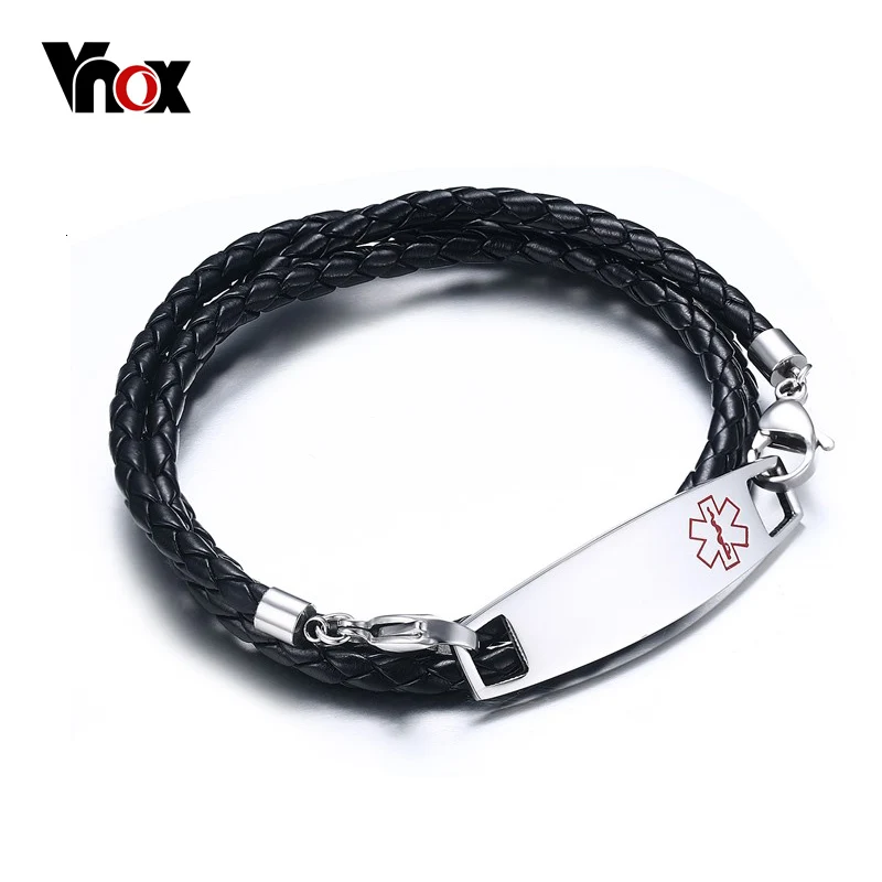 Vnox Бесплатная гравировка Нержавеющая сталь с Черный кожаный Спецодежда