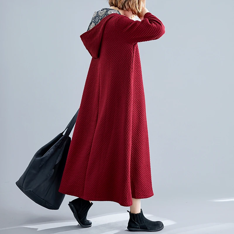 

Large Size Women's Clothing 2020 Autumn and Winter New Artistic Retro Wizard's Hat Loose Long Robe Quilted Long Sleeve Dress