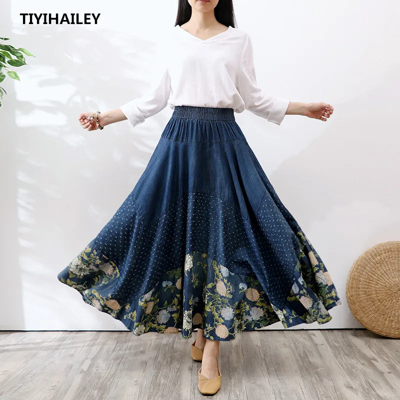 Женская длинная джинсовая юбка TIYIHAILEY трапециевидная с эластичным поясом