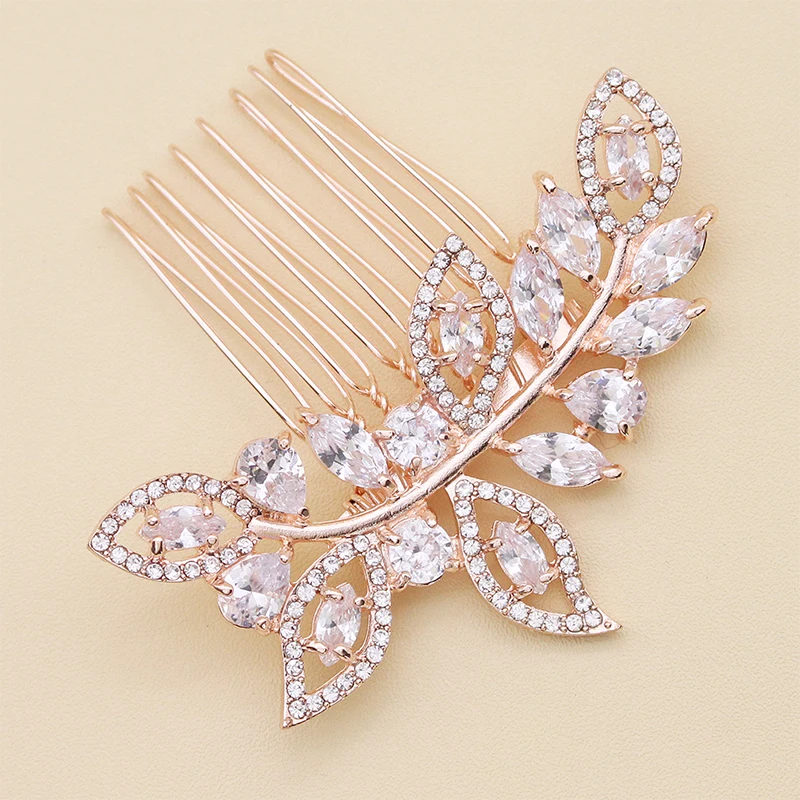 Розовое золото цвет гребень для волос в виде листьев зажим горный хрусталь