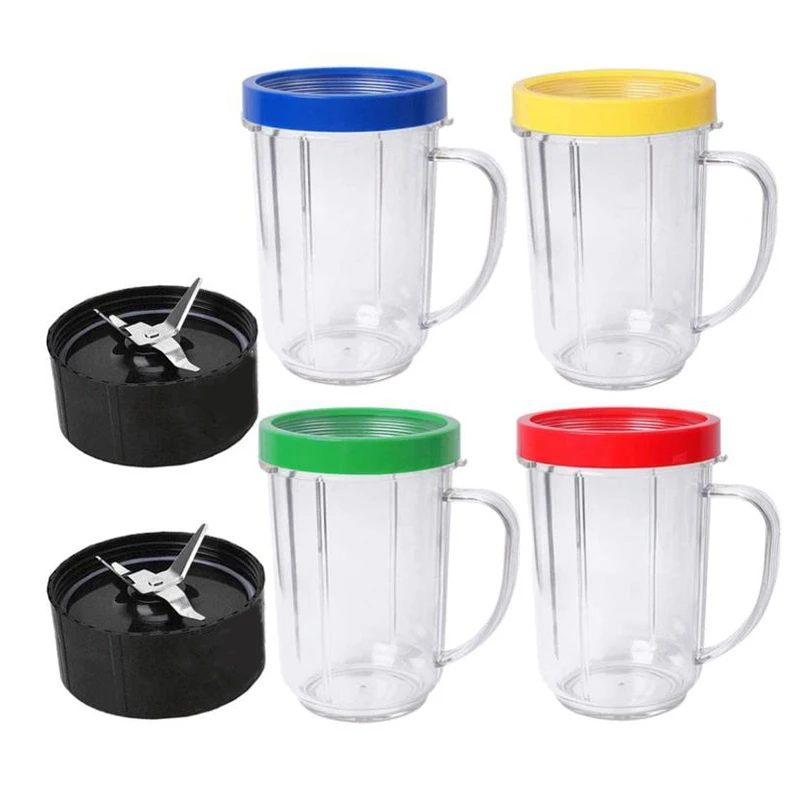 

16Oz Juicer Cups for Magic Blender Juicer 250W MB-1001 Party Cups Mugs 4 Colored Lip Rings & 2 Cross Blade Holder