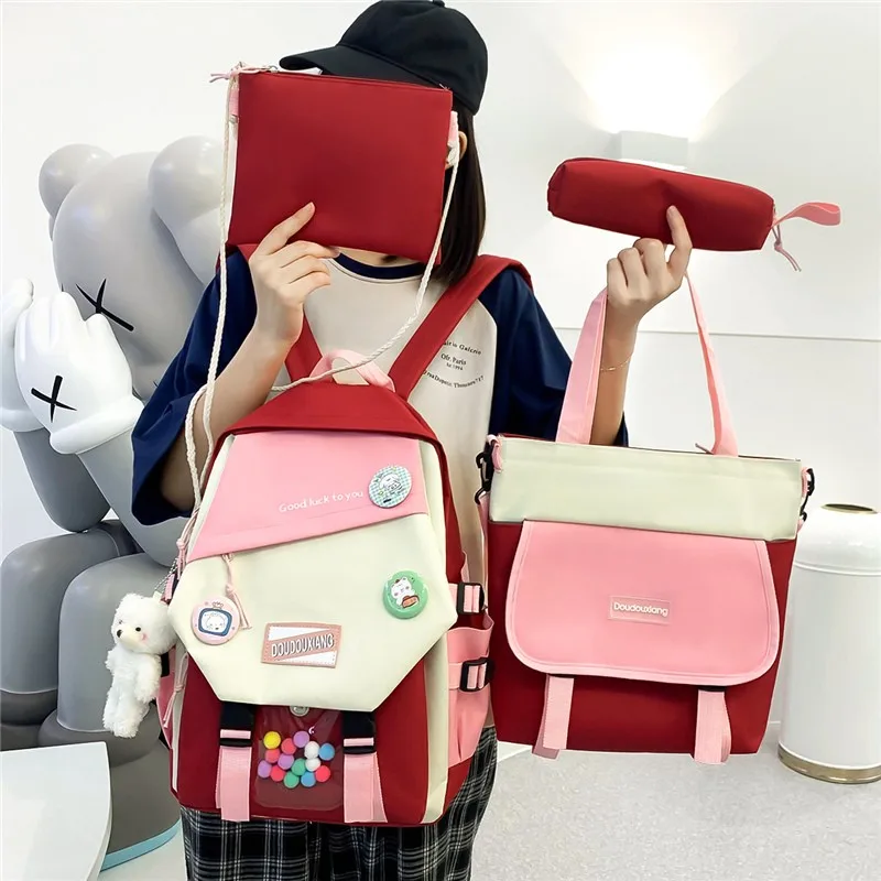 Women's Backpack Canvas School Bag For Girls 4-piece Set Trend Badge Cute Pendant Contrast Color Shoulder Bags Scoolbags