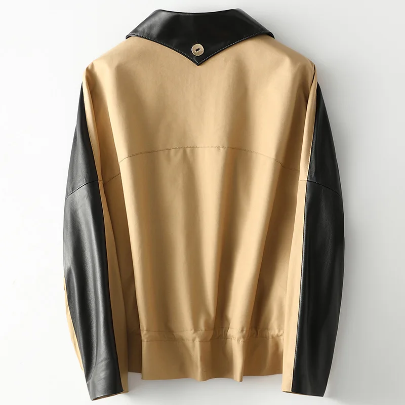 2021 Spring New Sheepskin Black Splicing Khaki Coat Women's High Quality Genuine Leather Casual Loose Motorcycle Jacket