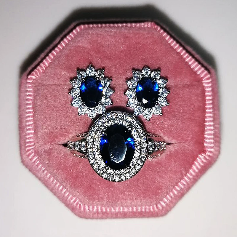 

2pcs Handmade Eternity Promise Blue Crystal AAA Cz Zircon Wedding Jewelry Set Band Earrings Rings for Women Engagement Bijoux