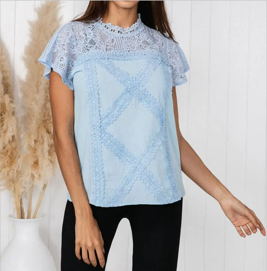 Летние женские кружевные топы 2020 новые модные рубашки с коротким рукавом
