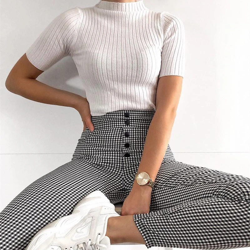 

High Waist Stripe Plaid Slim Pants Elegant Trousers Women Button Front Ladies Pencil Skinny Pants Casual Streetwear