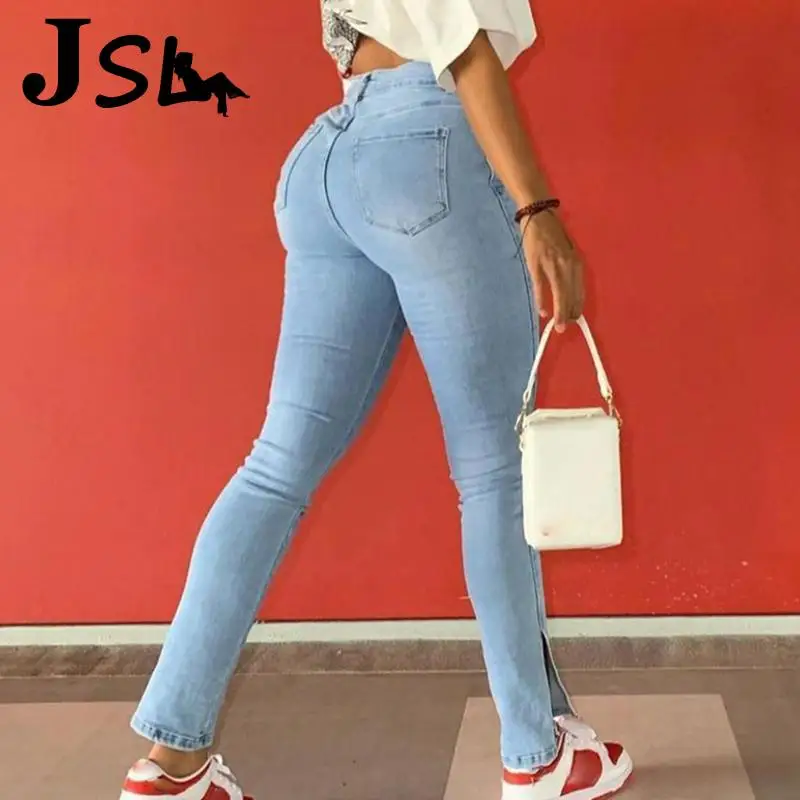 

Women Elastic Pencil Denim Pants Solid Basic Skinny Split Trousers 90S Fashion Korean Streetwear Vintage Casual Button Jeans