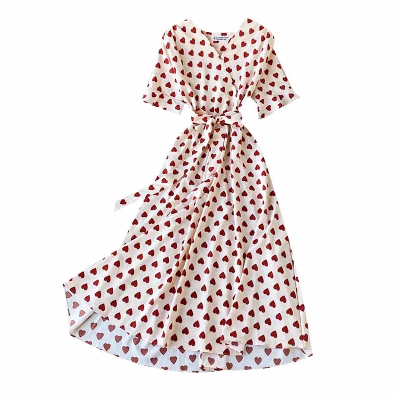 

French V-neck dress short sleeve summer ins ultra fire lace up Waist Beach over knee