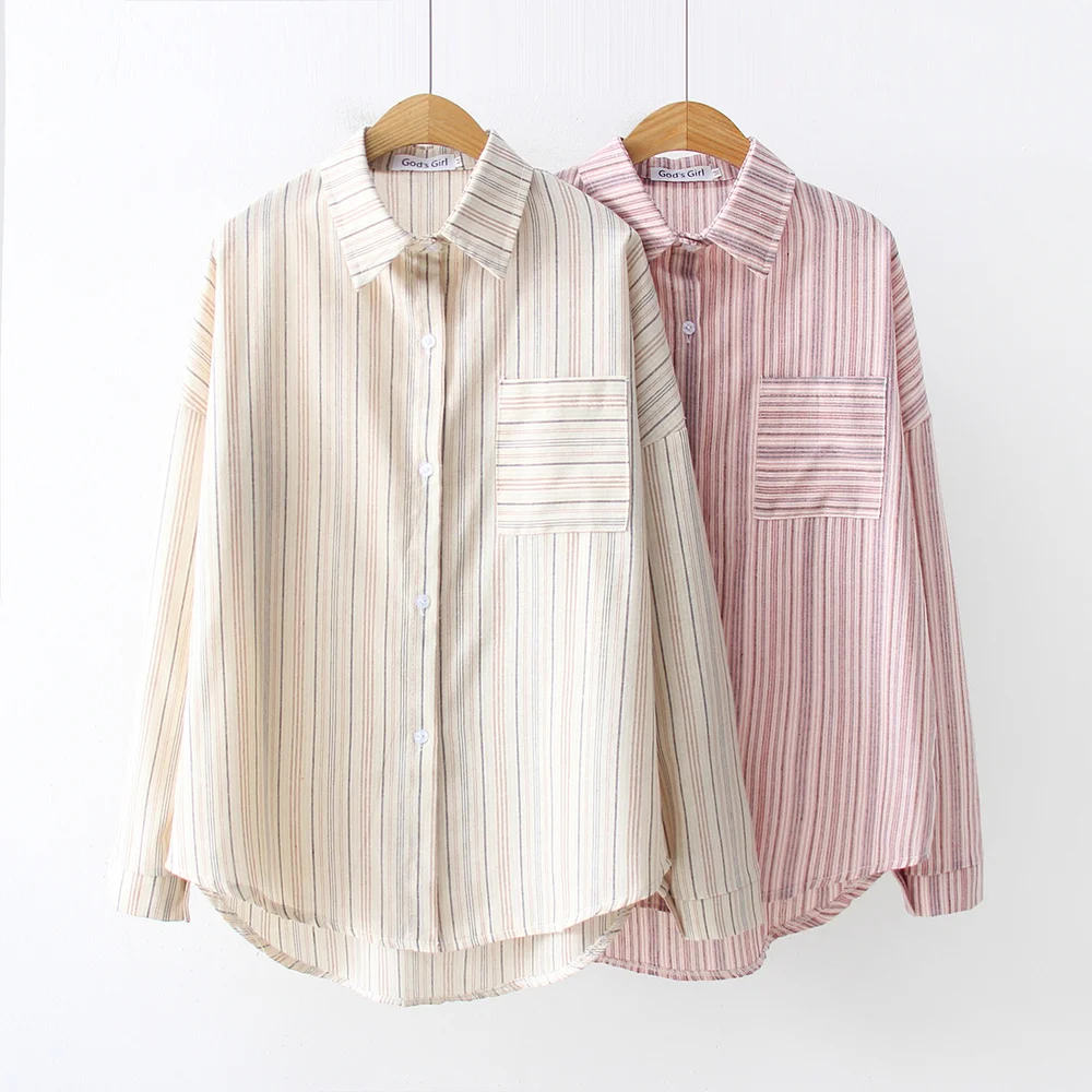 Весенние женские свободные блузки с длинным рукавом больших размеров полосатые
