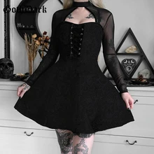 Goth Dark Mall Gothic Scratched Women Bandage Dresses Grunge Punk Elegant Mesh Sleeve Partywear Black A-line Evening Alt Dress (1)