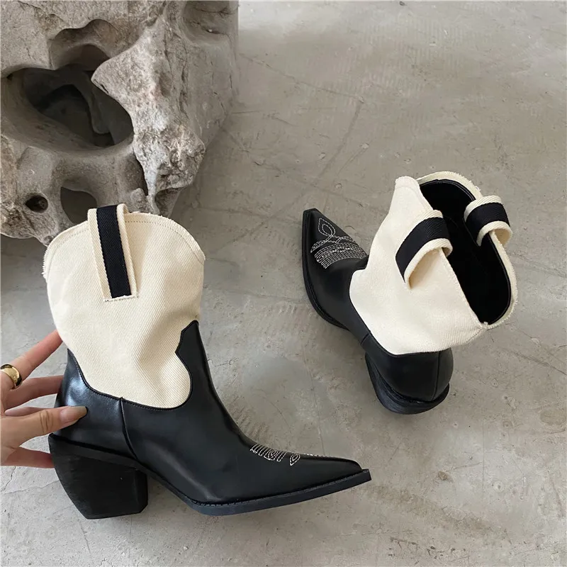 Женские ковбойские джинсовые сапоги MONMOIRA до середины икры с геометрическим