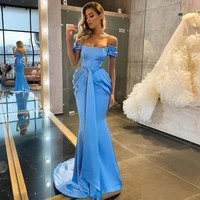 light blue mermaid evening dress off the shoulder pleat sweep train robe de soiree prom party gowns