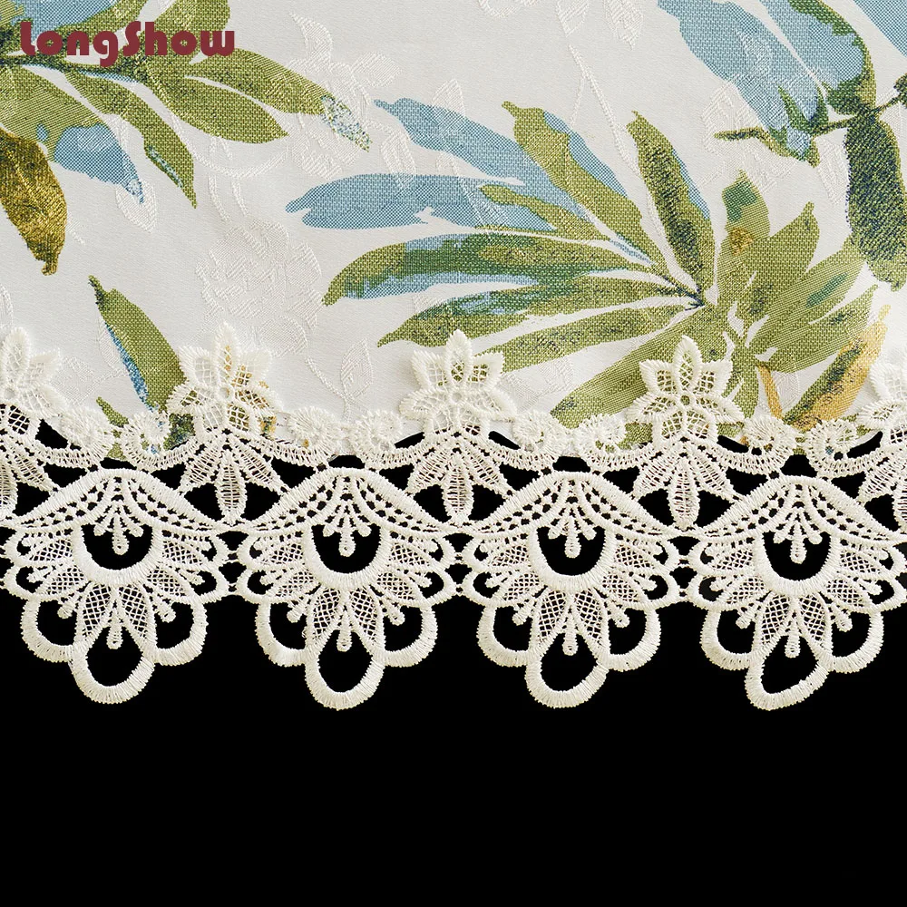 Elegant Pastoral Floral Style Green Color Palm Leaves Smooth Jacquard Table Runner With White Embroidered Lace Border | Дом и сад