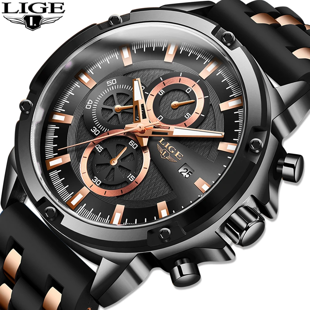 Часы наручные LIGE мужские с хронографом повседневные спортивные брендовые
