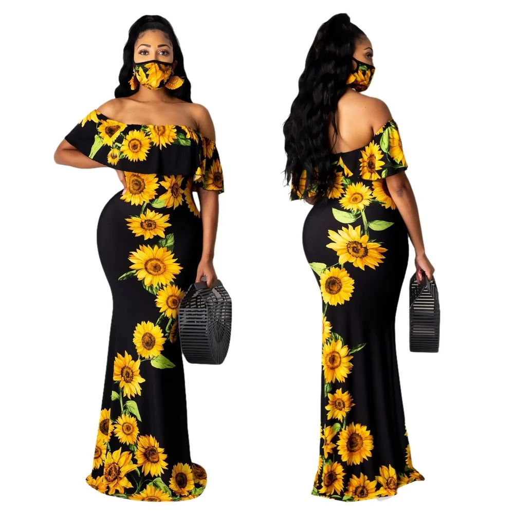 

Sexy off Shoulder Party Long Dress Women Fashion Printed Slash Neck Sundresses with Mask Evening Party Clubwear Summer Dresses