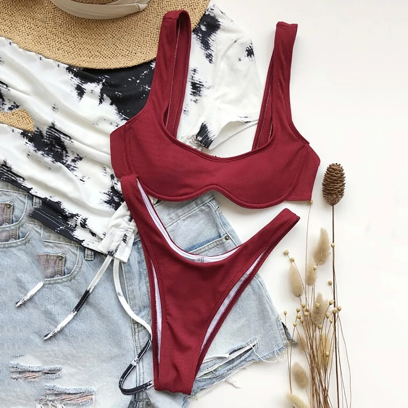 

High waist bikini swimsuit ladies push-up split solid color steel support sexy bikini Brazilian bikini 2021 new beachwear