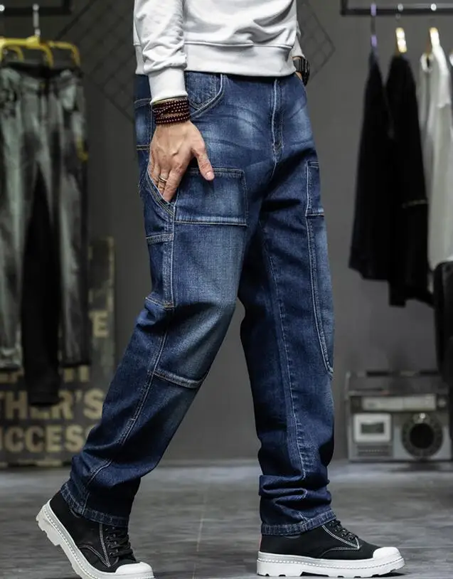 Men Jeans Fall Winter Loose Elastic Men Straight Frayed Cat Jeans Patch Denim Pants Size 28-44