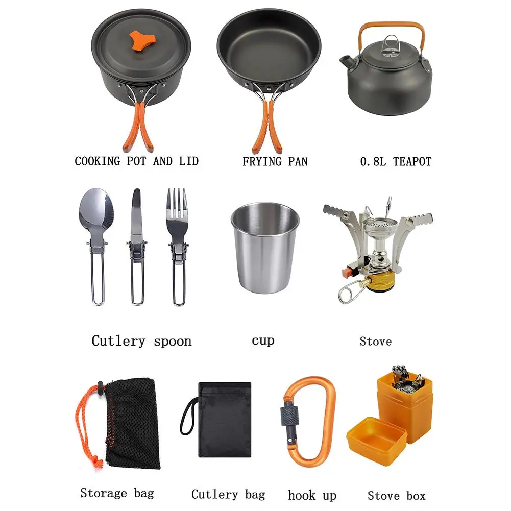 

Ultra-light Outdoor Camping Cookware Picnic Aluminum Alloy Cooking Fry Pan Pot Tableware Kettle Fork Cup Cutting Board Kit