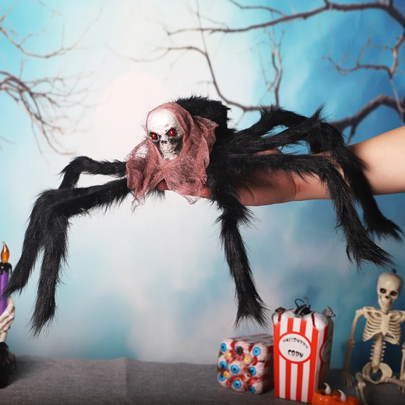 

1PC Black Spiders Toy Halloween Decoration Skull Face Plush Simulation Skull Ghost Festival Party Decorations Horror House Props