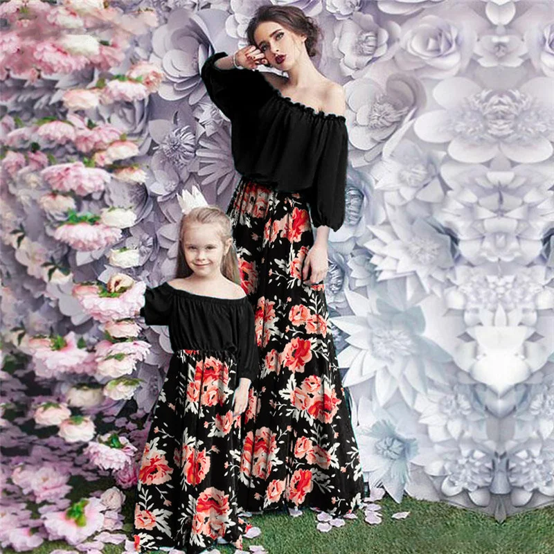 

2021 Family Matching Patchwork Clothes Maxi Dress Mother Girl Daughter Autum Flower Long Sleeve Dresses Mom And Me Women Vestido