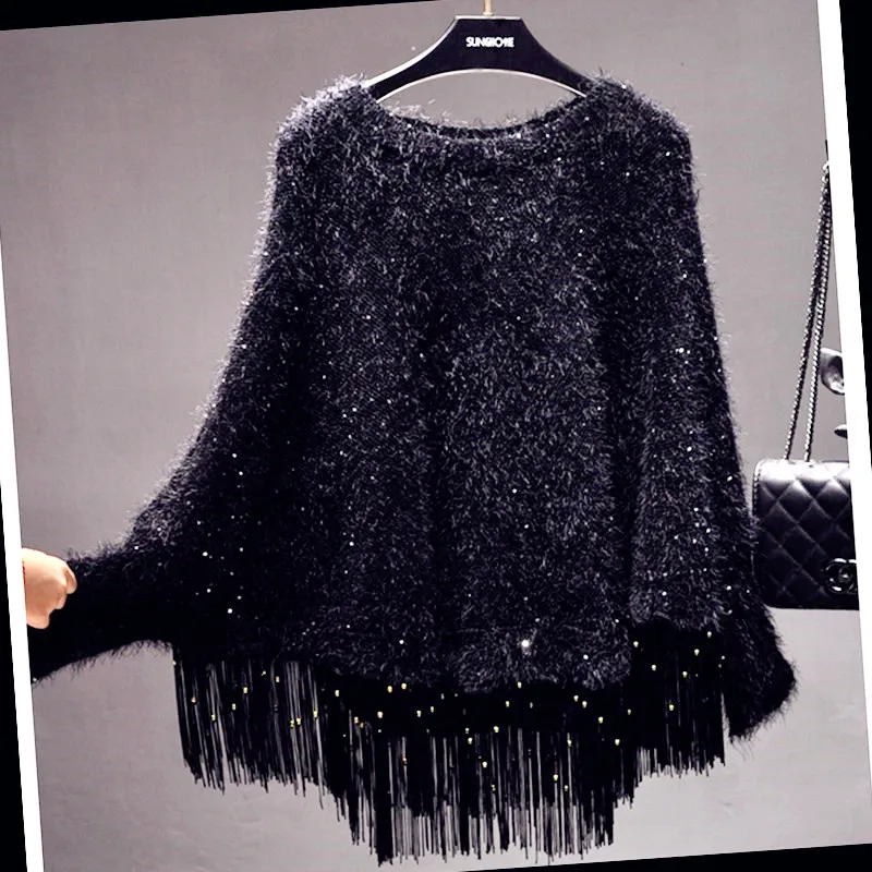 

2019 New Autumn Winter Tassel Sequins Loose Cape Shawl Women Pullovers Sweaters O Neck Long Sleeve Knitted Sweater Black