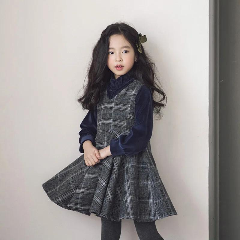 Платье для девочек зимнее платье корейское клетчатое бархатное принцессы