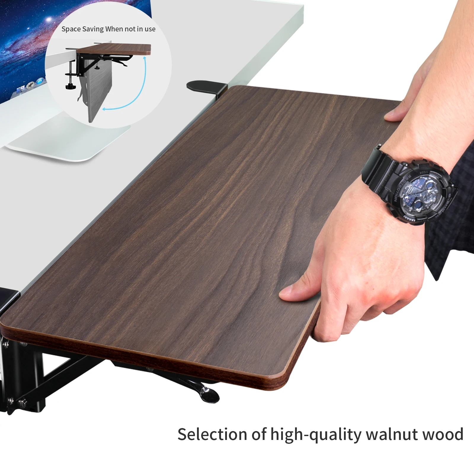 Walnut Wooden Desk Extender Ergonomic Design Large Space Foldable Structure Clamp- On Keyboard Tray Elbow Arm Support for | Компьютеры и
