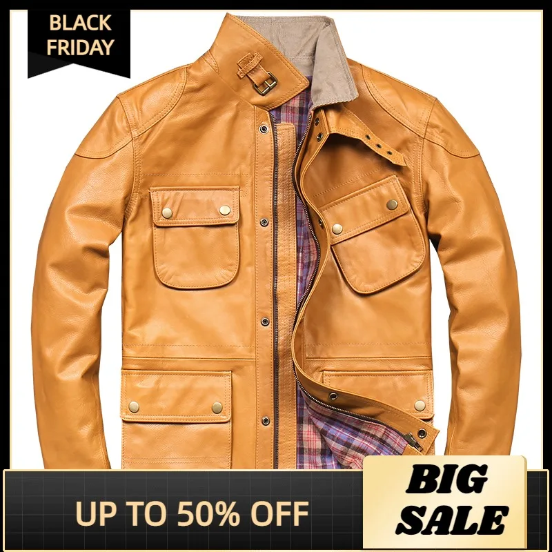 

2021 желтый стиль сафари куртка из натуральной кожи для мужчин с четырьмя карманами размера плюс 4XL Натуральная Воловья кожа весеннее притале...