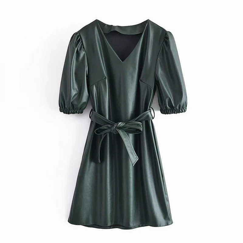 

Faux Leather Puff Sleeve Dress Women Autumn 2021 New Fashion Belt Above Knee Feminino Vestidos