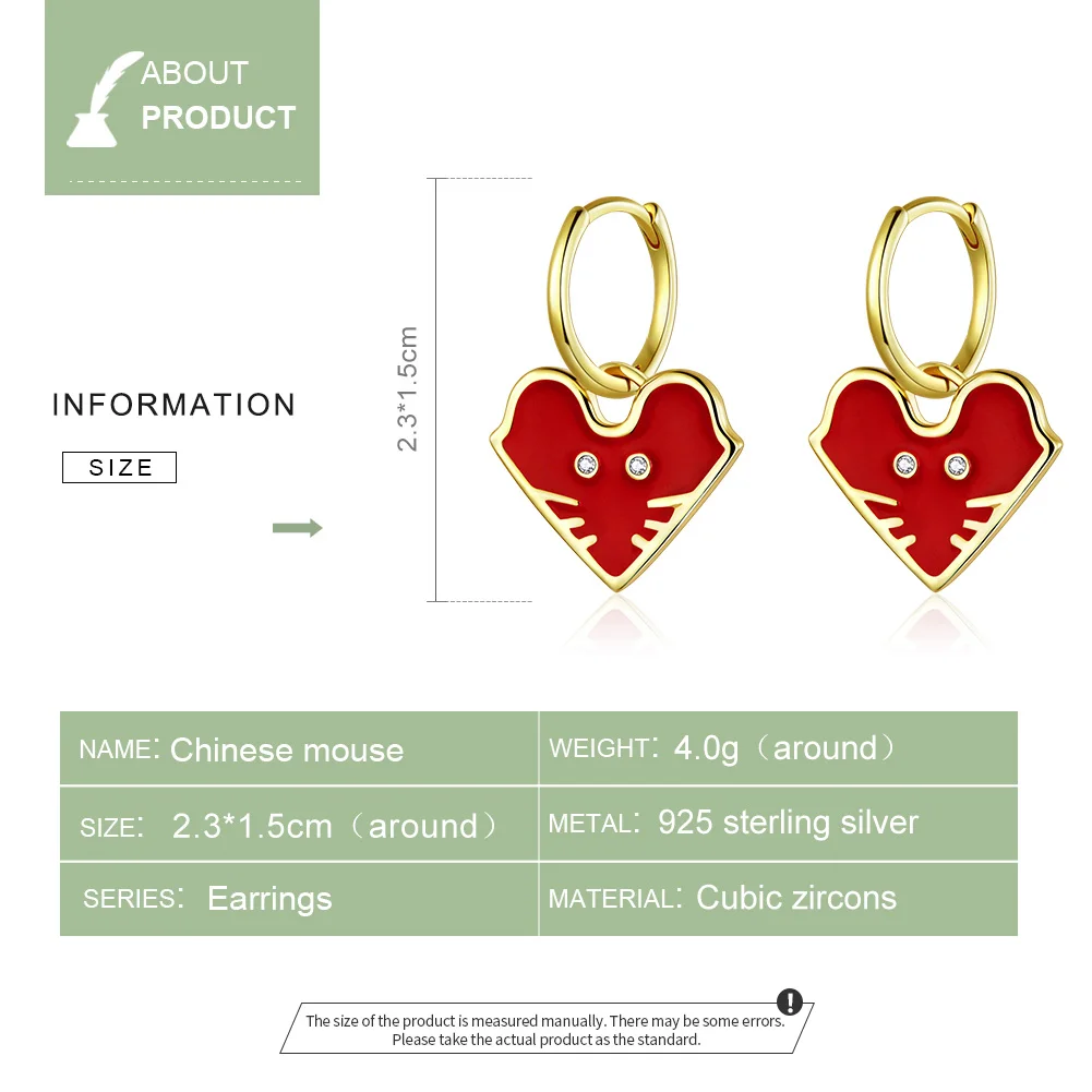 WOSTU Genuine 925 Sterling Silver Lucky Mouse Rat Hoop Earrings Red Enamel Heart Gold New Years Jewelry Gift FIE836 | Украшения и