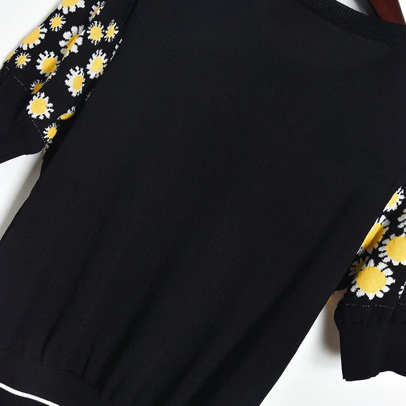 

2020 Black Sweater t shirt Harajuku Women Knitted Floral Jacquard Camiseta Vinatge Tee tShirt Female Casual Short Sleeve Top